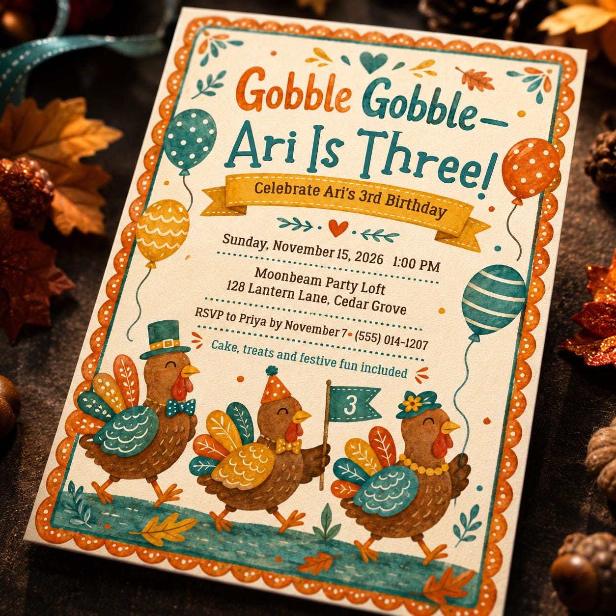 Turkey 3rd Birthday Invitation, Gobble Gobble Turning Three Thanksgiving Fall Party Invite, Editable Canva Template - Image 4