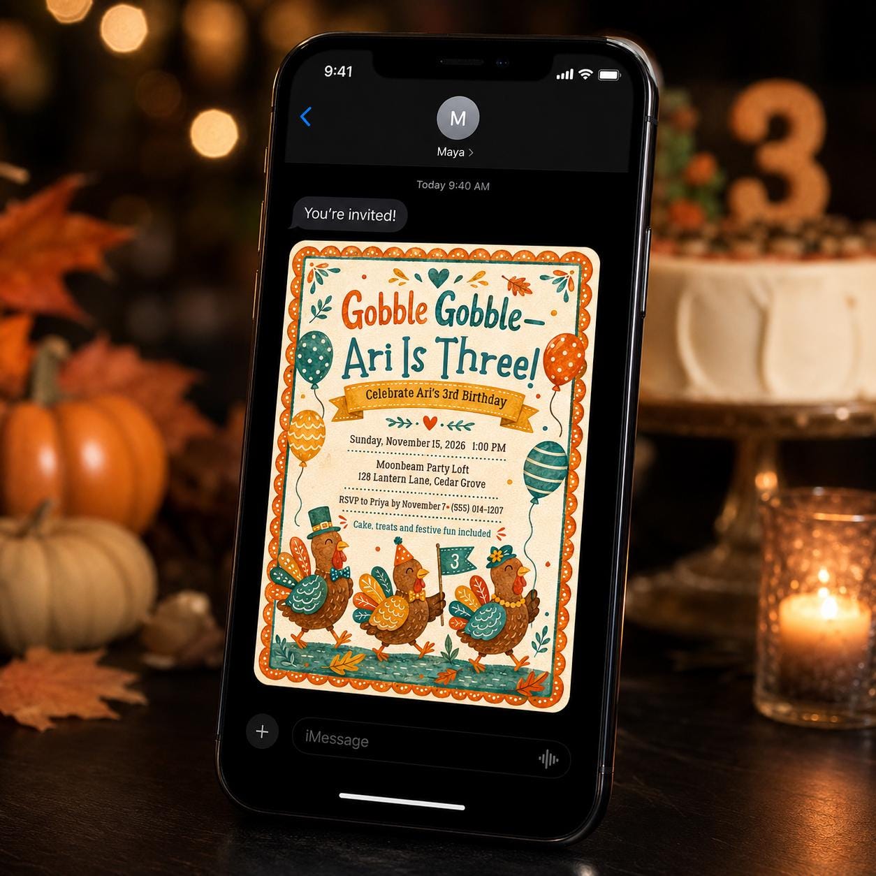 Turkey 3rd Birthday Invitation, Gobble Gobble Turning Three Thanksgiving Fall Party Invite, Editable Canva Template - Image 5
