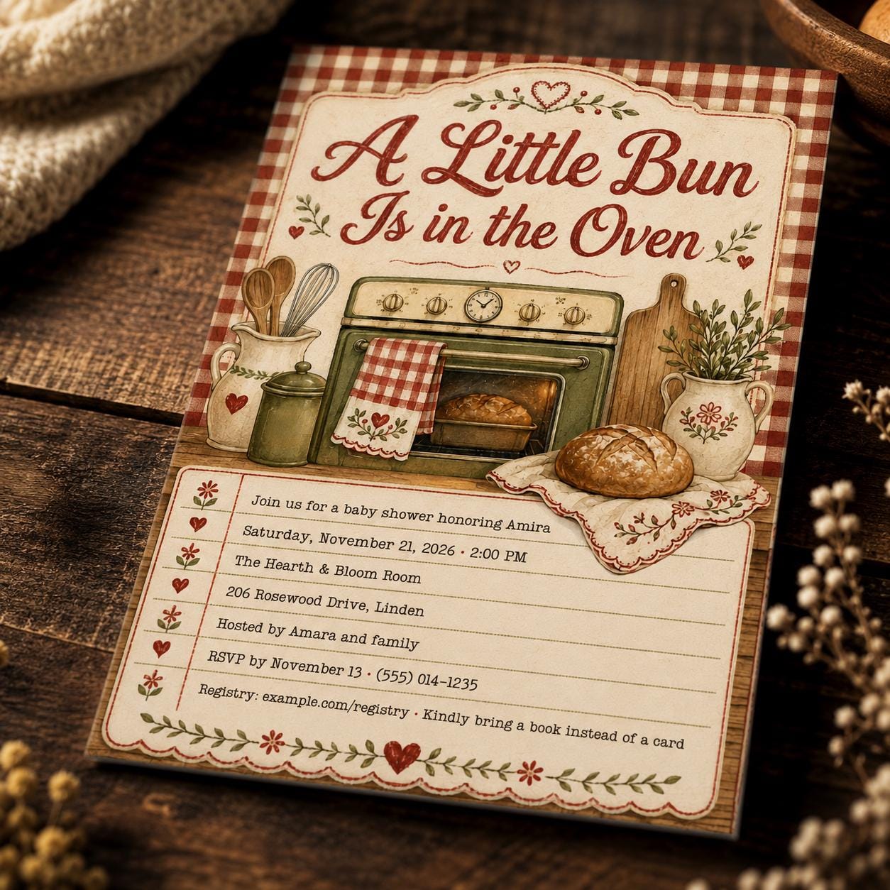 Bun in the Oven Baby Shower Invitation, Vintage Kitchen Baking Theme Gender Neutral Invite, Editable Canva Template - Image 3
