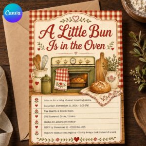 Bun in the Oven Baby Shower Invitation, Vintage Kitchen Baking Theme Gender Neutral Invite, Editable Canva Template
