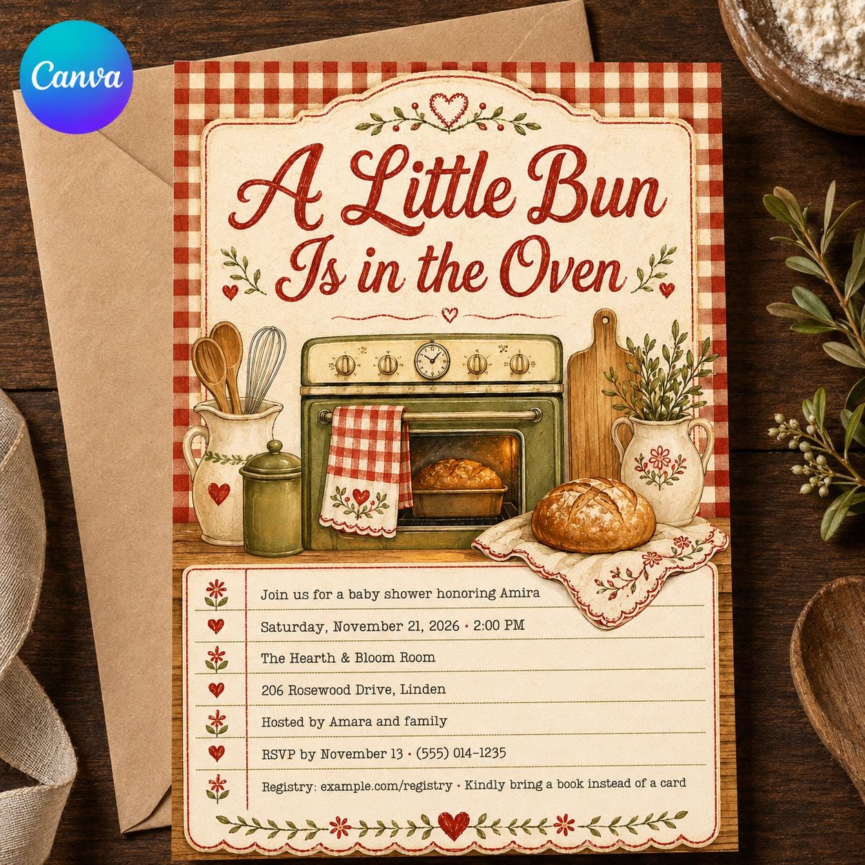 Bun in the Oven Baby Shower Invitation, Vintage Kitchen Baking Theme Gender Neutral Invite, Editable Canva Template