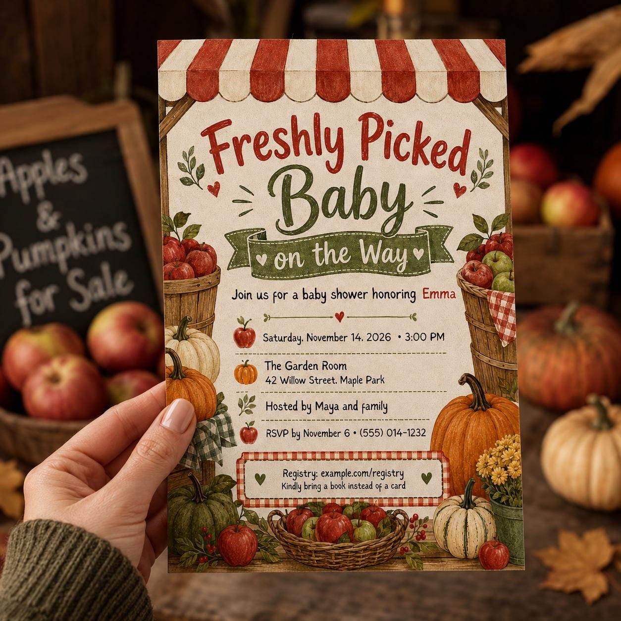 Apple Baby Shower Invitation, Freshly Picked Baby Fall Harvest Farmstand Invite, Editable Printable Canva Template - Image 3