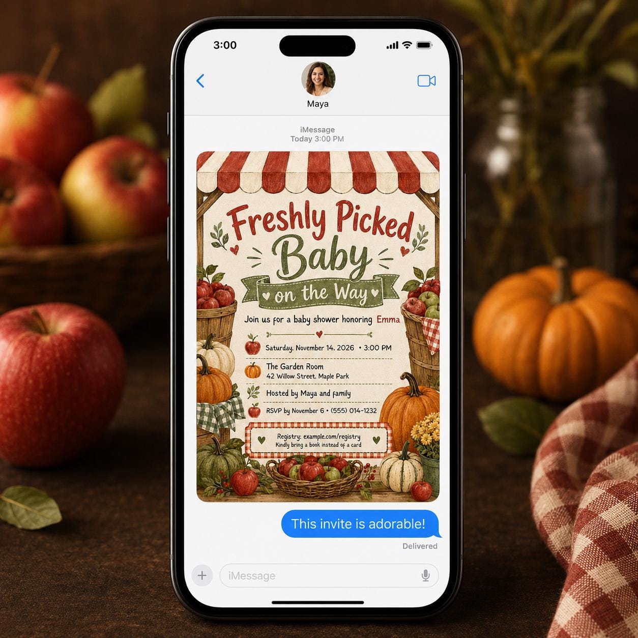 Apple Baby Shower Invitation, Freshly Picked Baby Fall Harvest Farmstand Invite, Editable Printable Canva Template - Image 6