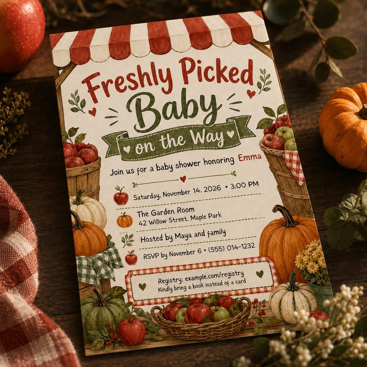 Apple Baby Shower Invitation, Freshly Picked Baby Fall Harvest Farmstand Invite, Editable Printable Canva Template - Image 5
