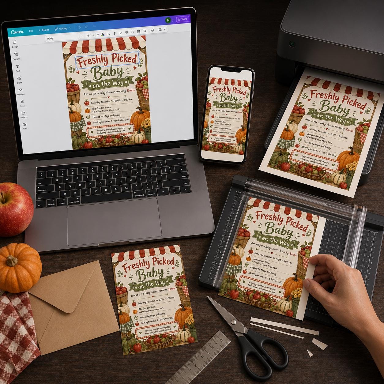 Apple Baby Shower Invitation, Freshly Picked Baby Fall Harvest Farmstand Invite, Editable Printable Canva Template - Image 4
