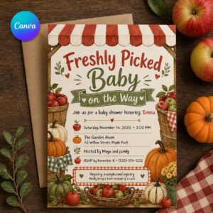 Apple Baby Shower Invitation, Freshly Picked Baby Fall Harvest Farmstand Invite, Editable Printable Canva Template