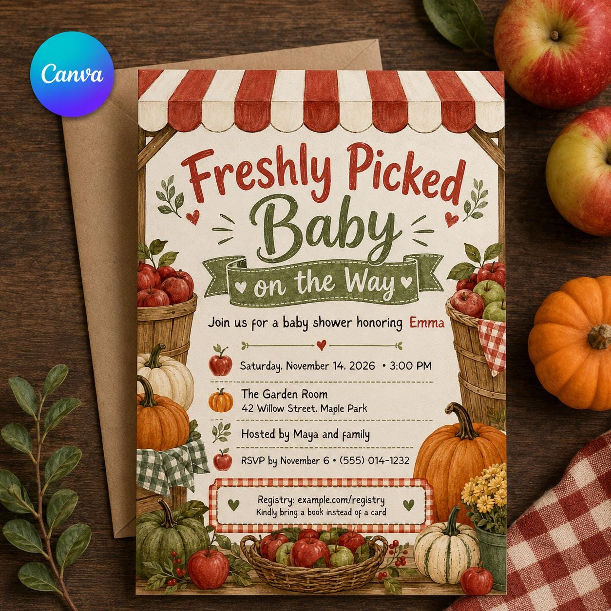Apple Baby Shower Invitation, Freshly Picked Baby Fall Harvest Farmstand Invite, Editable Printable Canva Template