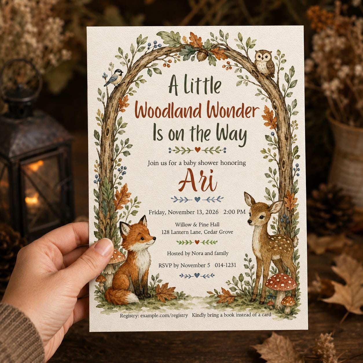 Woodland Baby Shower Invitation, Forest Animals Fox Deer Owl, Gender Neutral Fall Invite, Editable Canva Template - Image 5