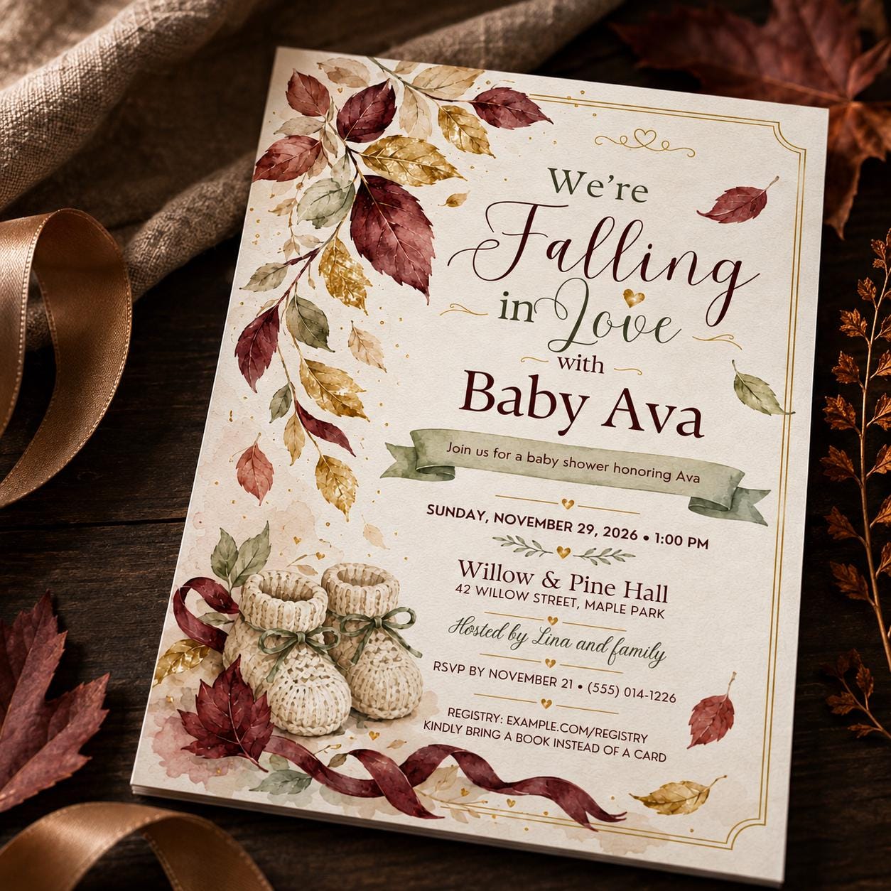 Falling in Love Baby Shower Invitation, Elegant Autumn Leaves Gender Neutral Invite, Editable Fall Canva Template - Image 3