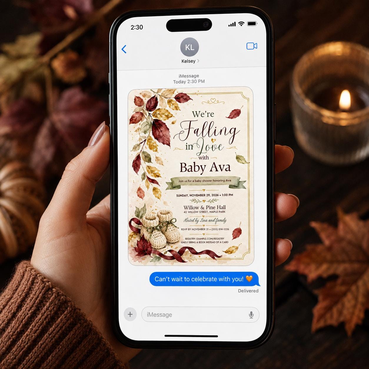 Falling in Love Baby Shower Invitation, Elegant Autumn Leaves Gender Neutral Invite, Editable Fall Canva Template - Image 4