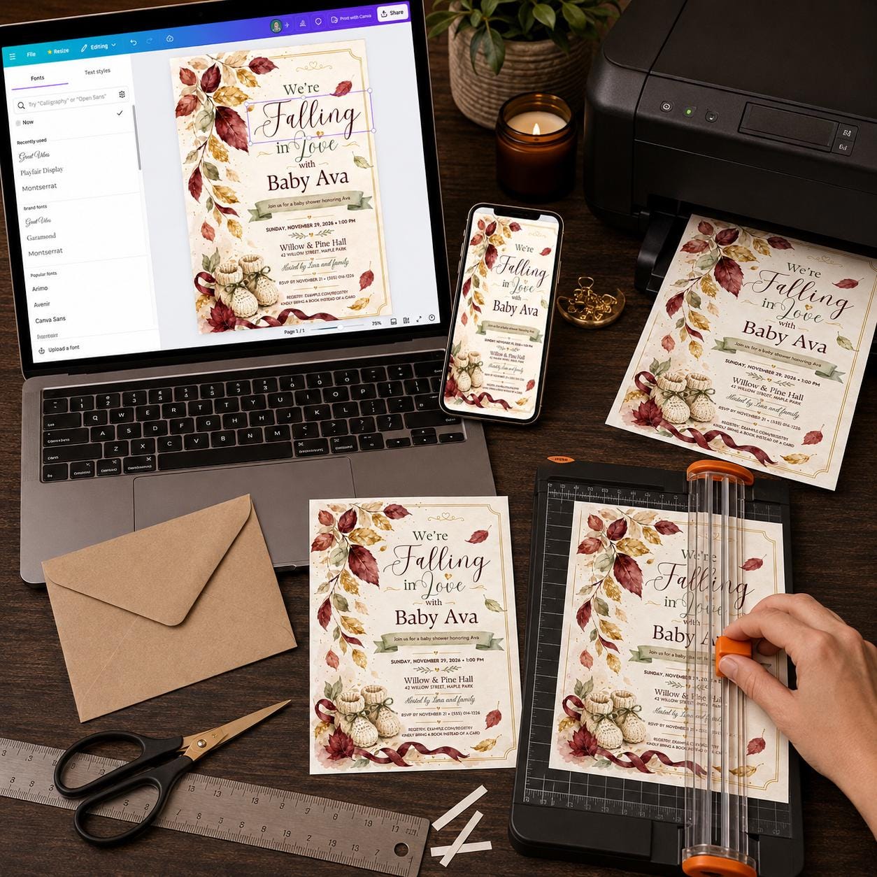Falling in Love Baby Shower Invitation, Elegant Autumn Leaves Gender Neutral Invite, Editable Fall Canva Template - Image 6