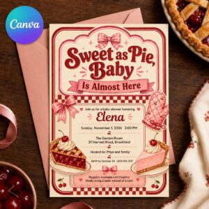 Sweet as Pie Baby Shower Invitation, Pink Bow Cherry Pie Girl Shower Invite, Editable Retro Canva Template