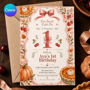 Cutie Pie First Birthday Invitation, Pink Bow Cherry Pumpkin Girl Fall Party, Editable Gingham Canva Template