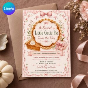 Cutie Pie Baby Shower Invitation, Pink Bow Pumpkin Pie Girl Shower, Editable Fall Gingham Canva Template
