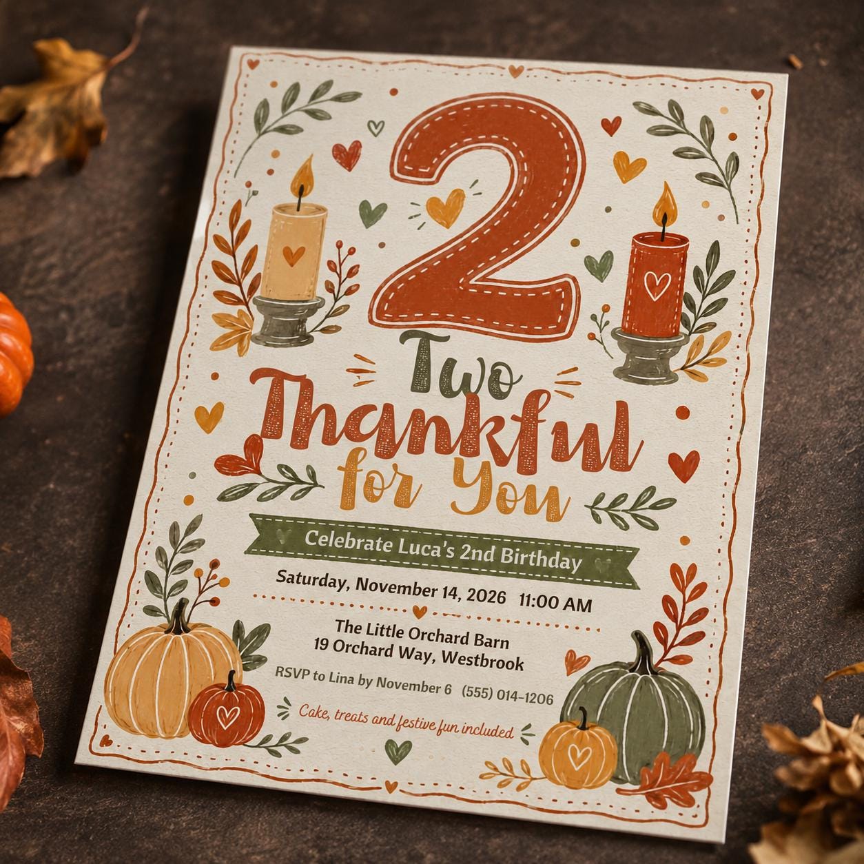Two Thankful Birthday Invitation, Pumpkin Fall 2nd Birthday Party, Editable Thanksgiving Canva Template - Image 4