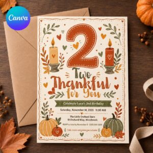 Two Thankful Birthday Invitation, Pumpkin Fall 2nd Birthday Party, Editable Thanksgiving Canva Template