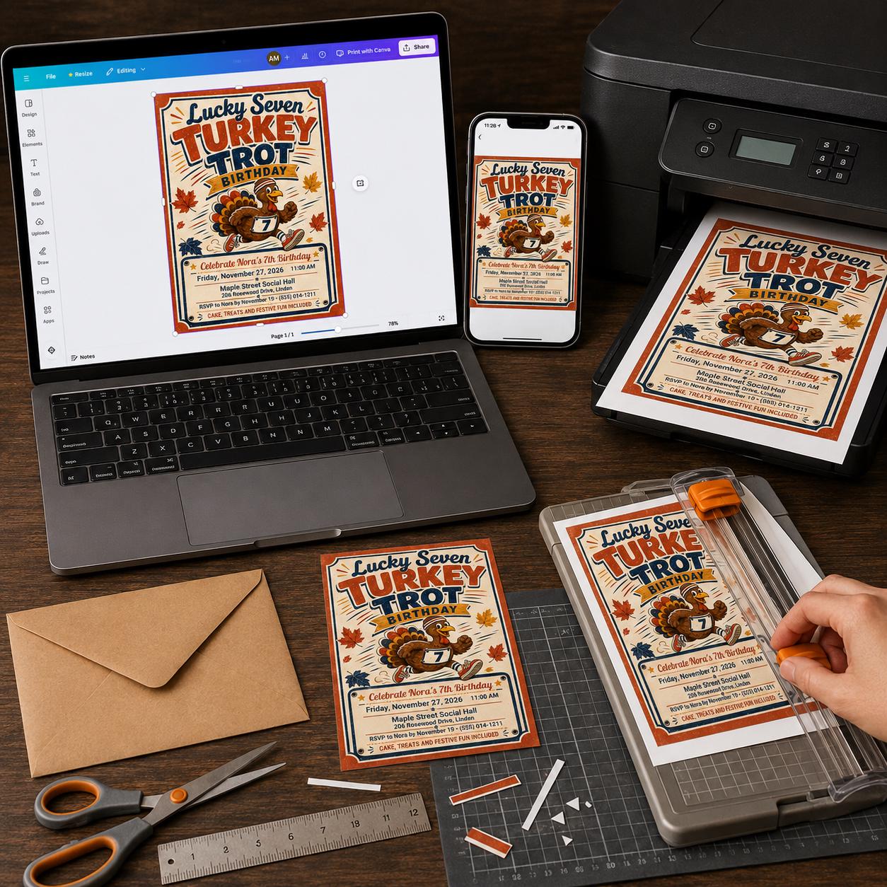 Turkey Trot 7th Birthday Invitation, Thanksgiving Kids Party, Lucky Seven Retro Editable Printable Canva Template - Image 5