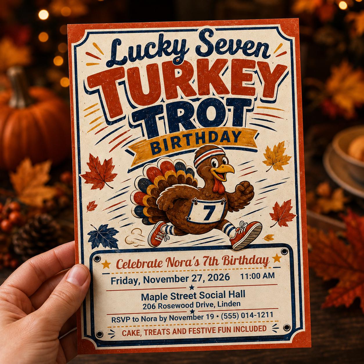Turkey Trot 7th Birthday Invitation, Thanksgiving Kids Party, Lucky Seven Retro Editable Printable Canva Template - Image 4