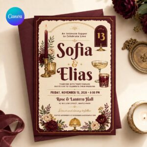 Burgundy Wedding Invitation, Vintage Fall Floral Candlelight Dinner, Elegant Editable Printable Canva Template