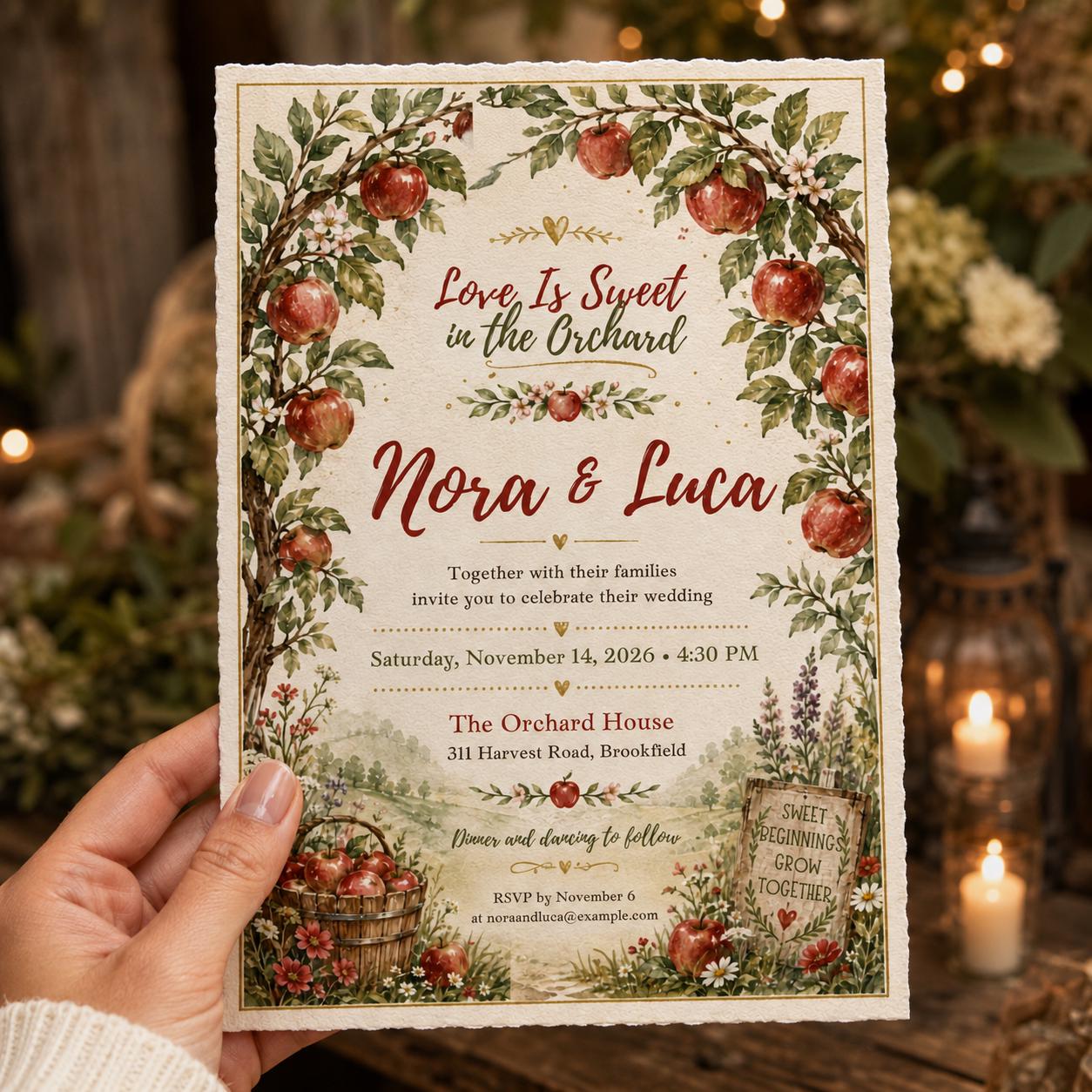 Apple Orchard Wedding Invitation, Fall Watercolor Apple Wedding Invite, Rustic Autumn Ceremony, Editable Canva Template - Image 4