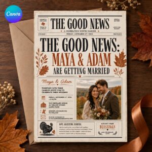 Newspaper Wedding Invitation, Fall Thanksgiving Wedding Announcement, Vintage Editorial Editable Canva Template