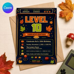 10th Birthday Gamer Invitation, Level 10 Harvest Video Game Fall Party Invite, Editable Boy Canva Template