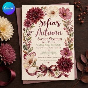 Sweet 16 Invitation, Autumn Floral 16th Birthday Party for Girl, Burgundy Fall Editable Canva Template