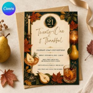 21st Birthday Invitation, Twenty One and Thankful Elegant Fall Dinner Editable Printable Canva Template