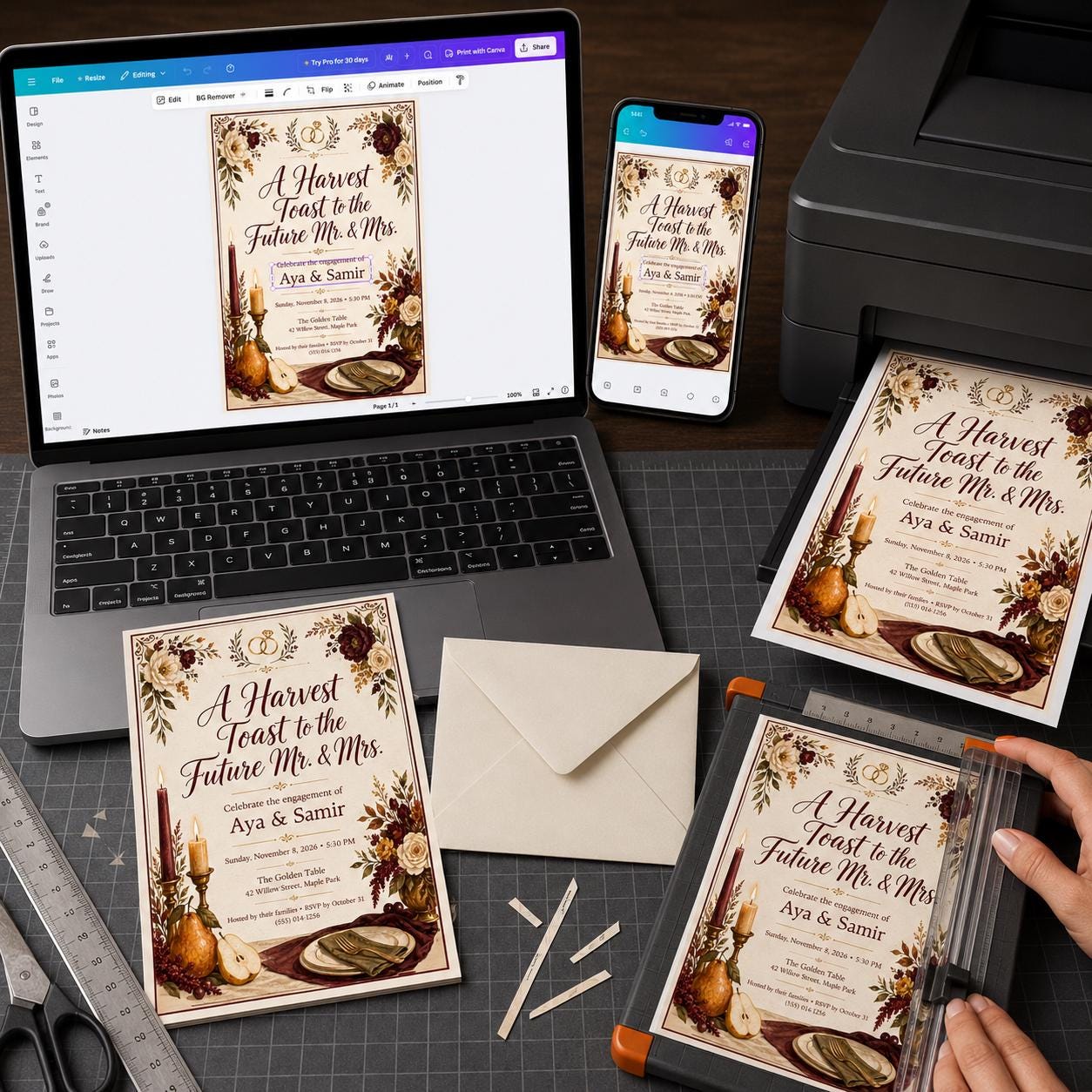 Fall Engagement Party Invitation, Burgundy Floral Harvest Toast Editable Printable Canva Template - Image 3