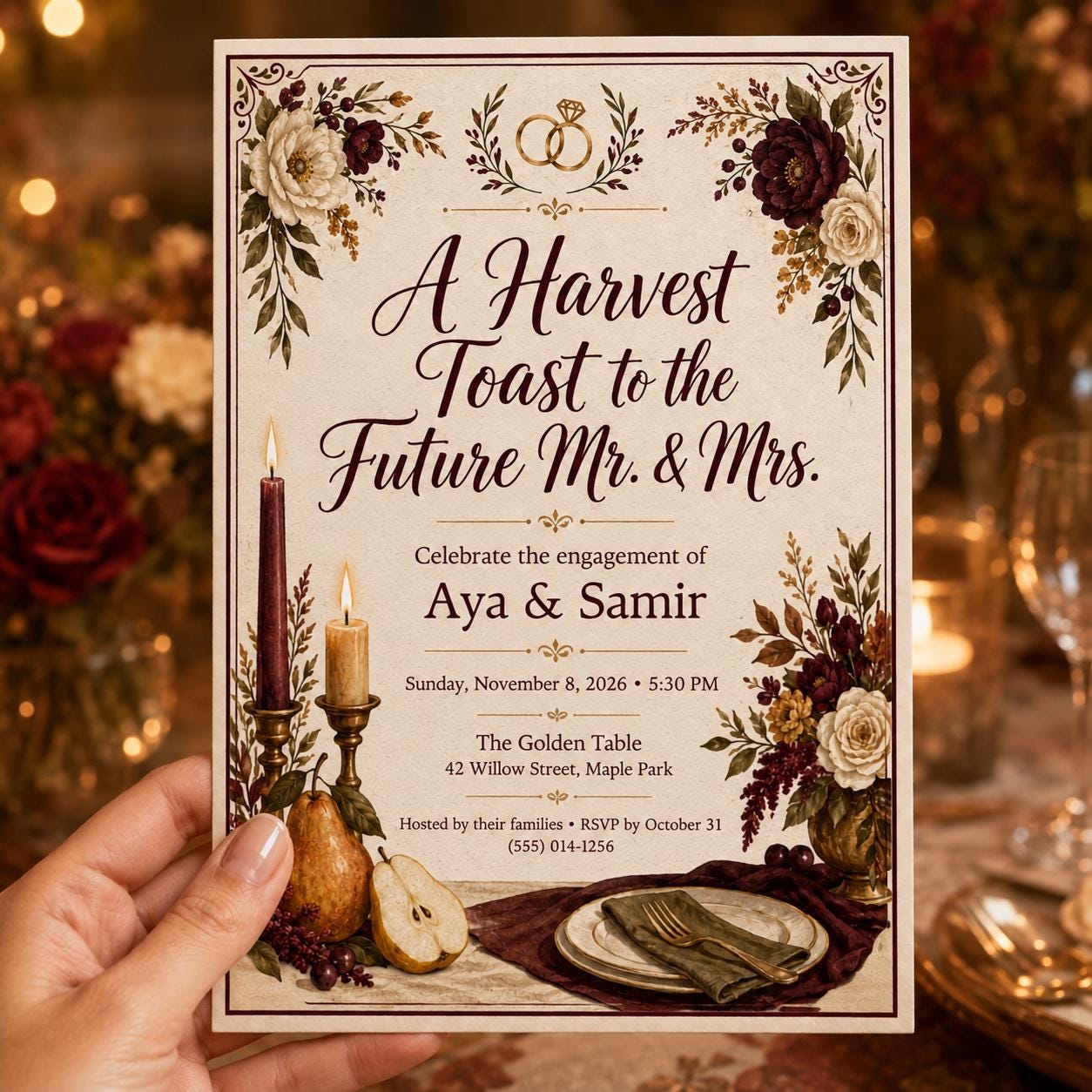 Fall Engagement Party Invitation, Burgundy Floral Harvest Toast Editable Printable Canva Template - Image 6