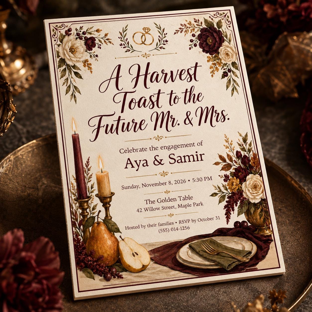 Fall Engagement Party Invitation, Burgundy Floral Harvest Toast Editable Printable Canva Template - Image 4