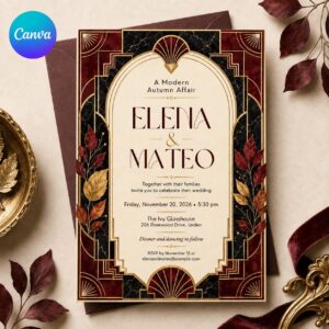 Art Deco Wedding Invitation, Burgundy Gold Great Gatsby Autumn Affair Editable Printable Canva Template