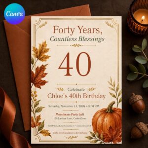 40th Birthday Invitation, Fall Pumpkin Forty Years Countless Blessings Editable Printable Canva Template