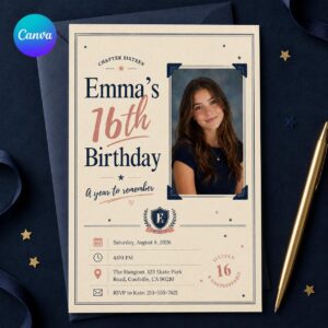 Sweet 16 Photo Invitation, Vintage Yearbook 16th Birthday Party Invite for Girl, Preppy Editable Canva Template