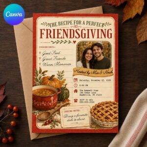 Friendsgiving Invitation, Recipe Card Thanksgiving Potluck Photo Invite, Vintage Fall Dinner Editable Canva Template