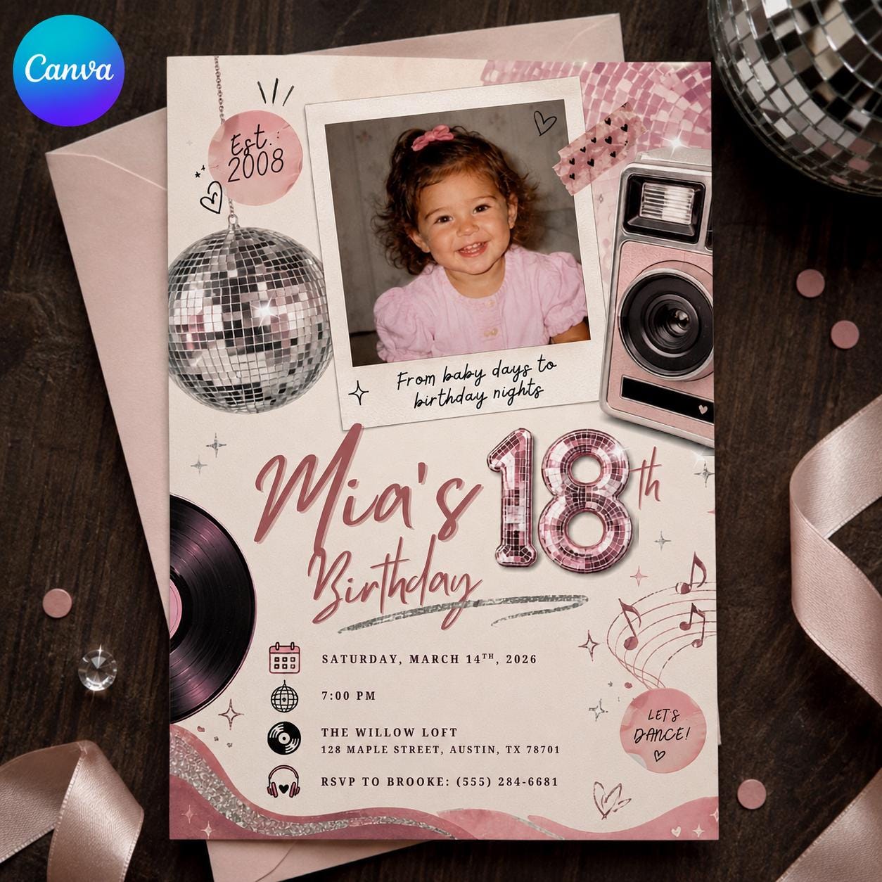 18th Birthday Photo Invitation, Pink Disco Party Invite for Girl, Retro Polaroid Dance Theme Editable Canva Template