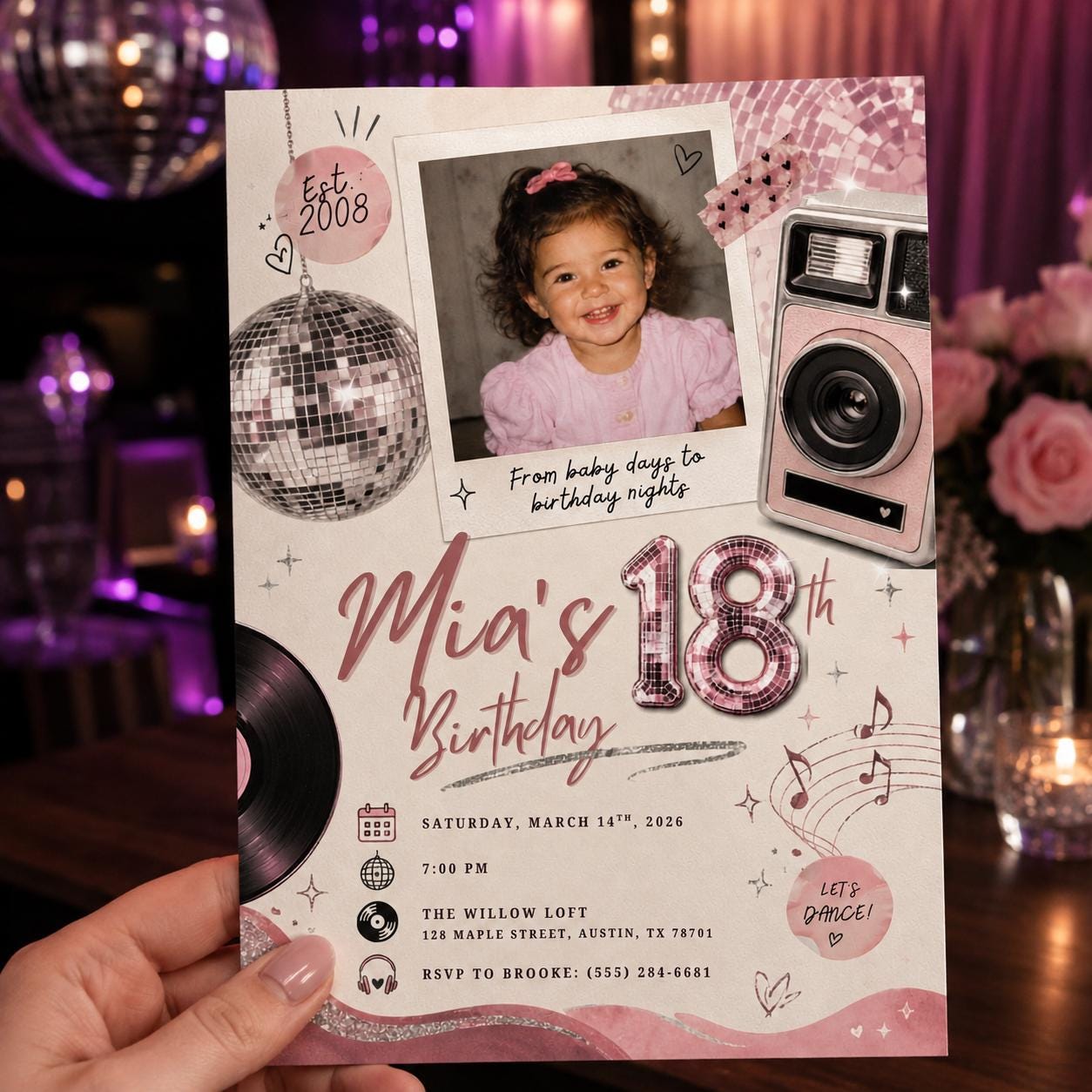18th Birthday Photo Invitation, Pink Disco Party Invite for Girl, Retro Polaroid Dance Theme Editable Canva Template - Image 5