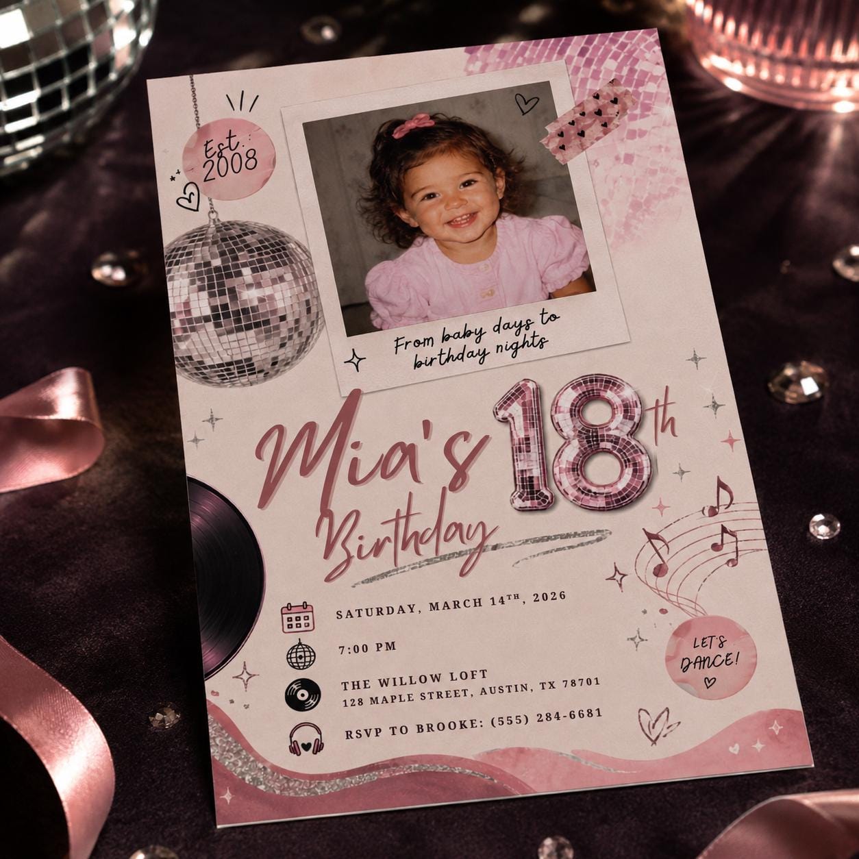 18th Birthday Photo Invitation, Pink Disco Party Invite for Girl, Retro Polaroid Dance Theme Editable Canva Template - Image 3