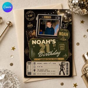 21st Birthday Invitation with Photo, VIP Pass Disco Party Invite, Black Gold Club Night Editable Canva Template