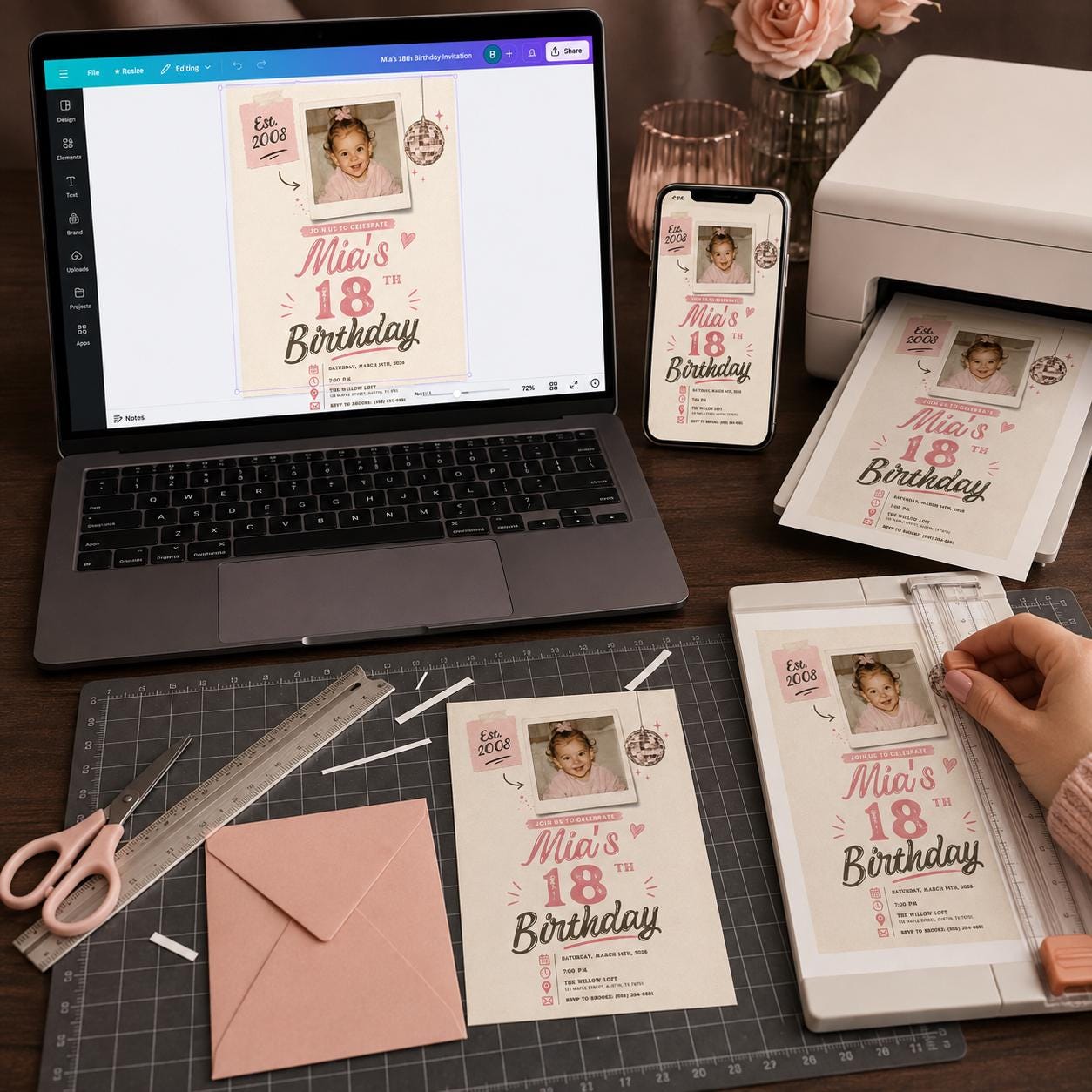 18th Birthday Photo Invitation, Pink Disco Ball Y2K Party Invite for Her, Retro Girly Editable Canva Template - Image 3