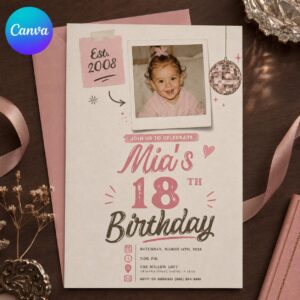 18th Birthday Photo Invitation, Pink Disco Ball Y2K Party Invite for Her, Retro Girly Editable Canva Template