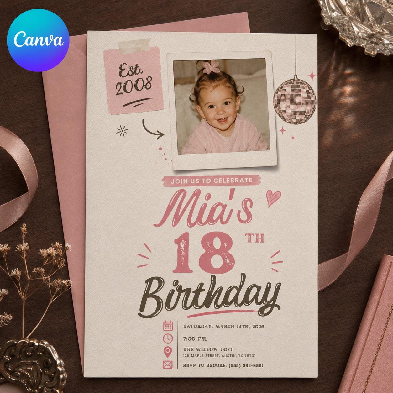 18th Birthday Photo Invitation, Pink Disco Ball Y2K Party Invite for Her, Retro Girly Editable Canva Template