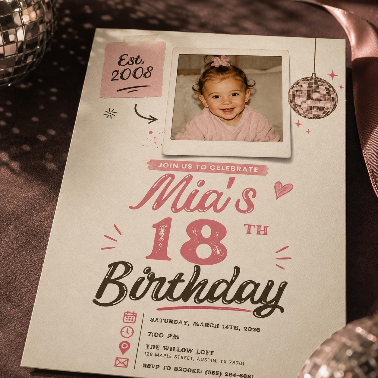 18th Birthday Photo Invitation, Pink Disco Ball Y2K Party Invite for Her, Retro Girly Editable Canva Template - Image 4
