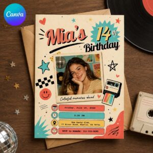 14th Birthday Photo Invitation, Retro Y2K Colorful Teen Girl Party Editable Printable Canva Template