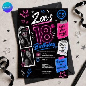 18th Birthday Invitation, Neon Pink Blue Glow Party Photo Invite Editable Printable Canva Template