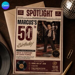 50th Birthday Newspaper Invitation, Retro Disco Photo Party Invite for Him, Vintage Spotlight Editable Canva Template