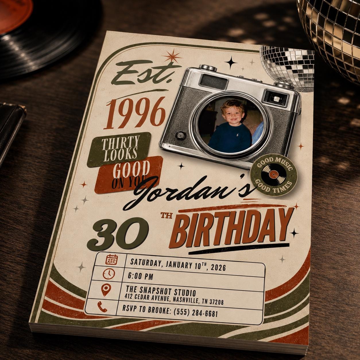 30th Birthday Photo Invitation, Vintage 1996 Retro Camera Party Invite for Him, Editable Milestone Canva Template - Image 3