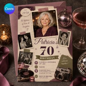 70th Birthday Photo Invitation, Vintage Memories Collage Party Invite for Her, Elegant Burgundy Milestone Canva Template