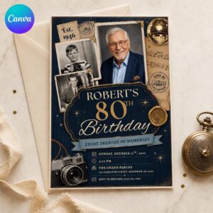 80th Birthday Photo Invitation, Vintage Memories Collage Party Invite for Him, Navy Gold Milestone Editable Canva Template