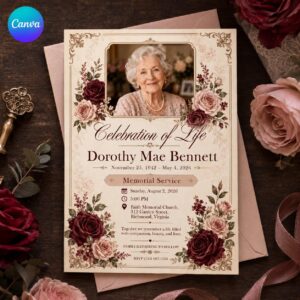 Celebration of Life Invitation, Elegant Rose Memorial Photo Invite, Burgundy Blush Funeral Service Editable Canva Template